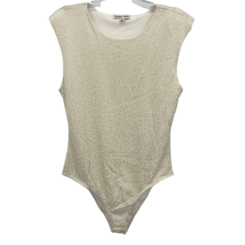 Charmed Hearts Metallic Gold Textured Padded Shoulder Bodysuit  Cozy Womens M